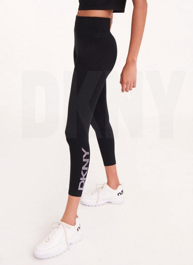 Black Women's DKNY Rhinestone Logo High Waist Leggings | Australia-D0152