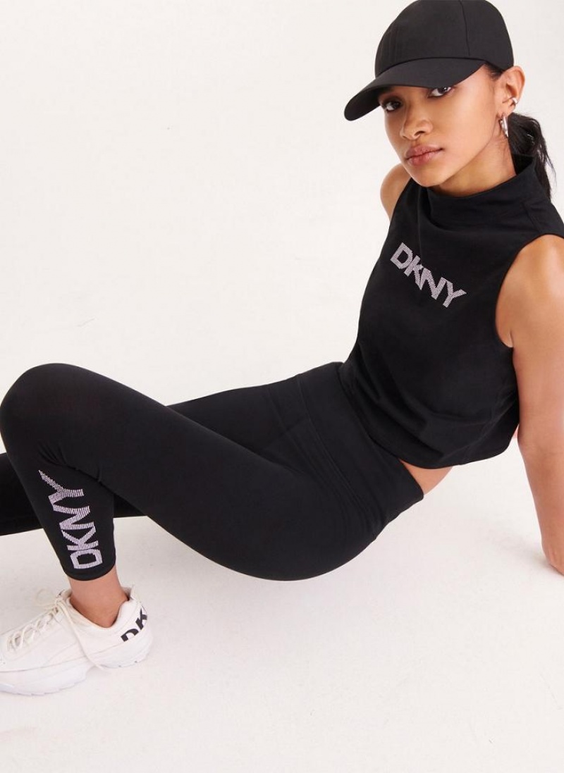 Black Women's DKNY Rhinestone Logo High Waist Leggings | Australia-D0152