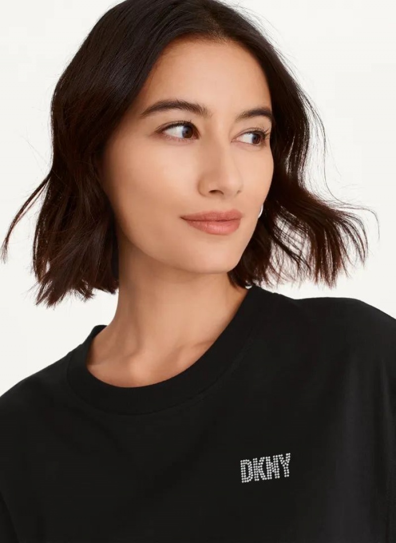 Black Women's DKNY Rhinestone Logo T-Shirt Dresses | Australia-D1661