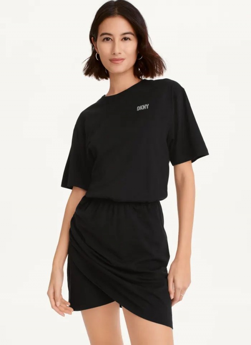Black Women\'s DKNY Rhinestone Logo T-Shirt Dresses | Australia-D1661