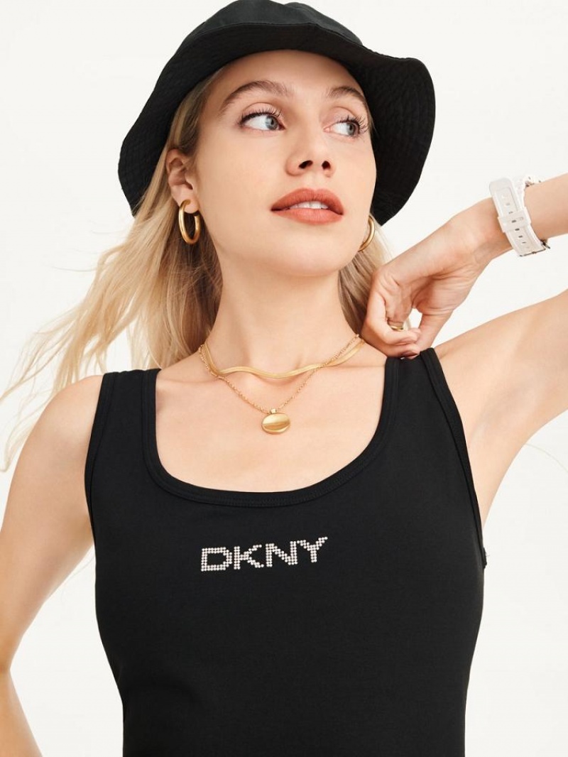 Black Women's DKNY Rhinestone Logo Tank Dresses | Australia-D0813