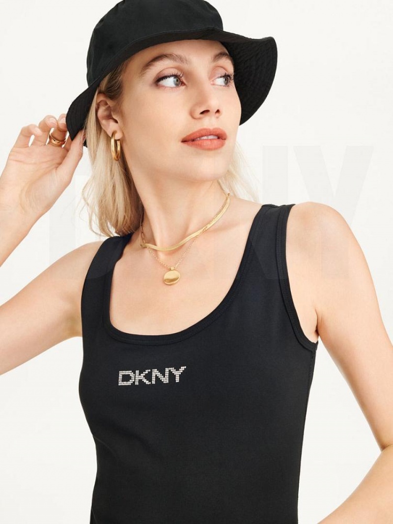 Black Women's DKNY Rhinestone Logo Tank Dresses | Australia-D0813