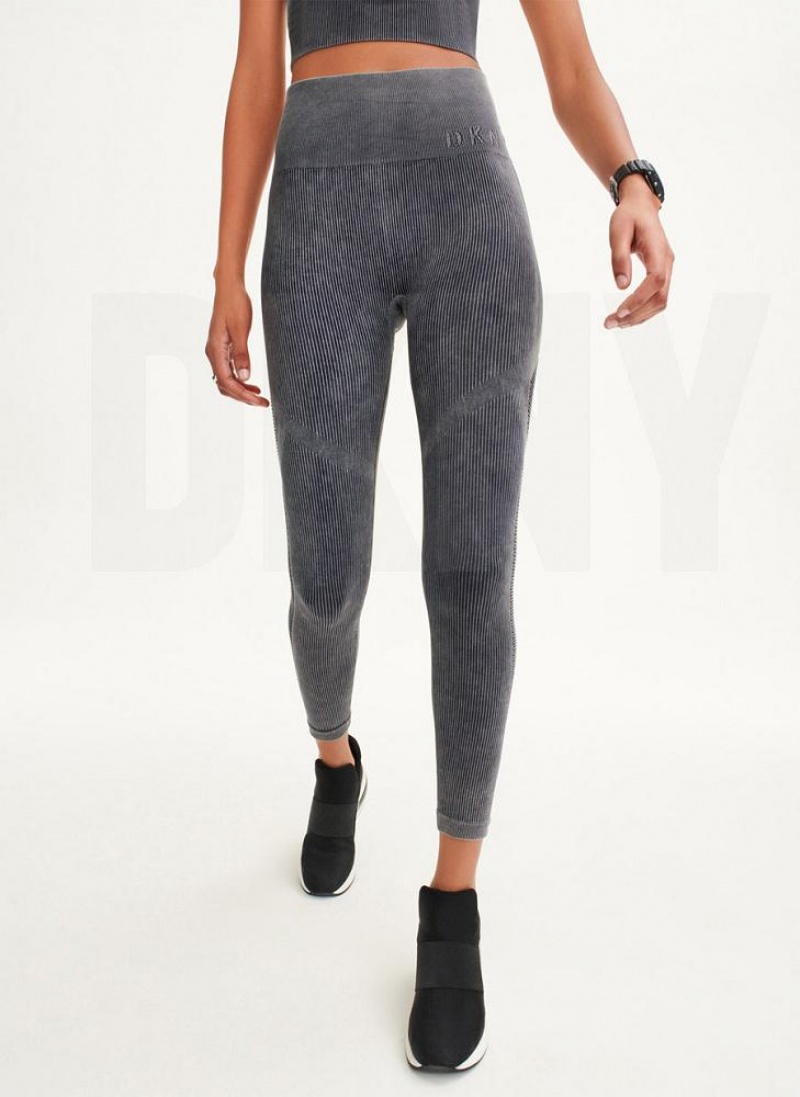 Black Women's DKNY Rib Knit High Waisted Seamless Leggings | Australia-D1365