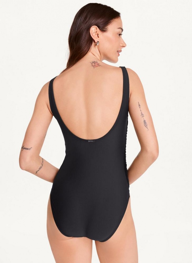 Black Women's DKNY Scoop Neck One-Piece Swimsuits | Australia-D1360