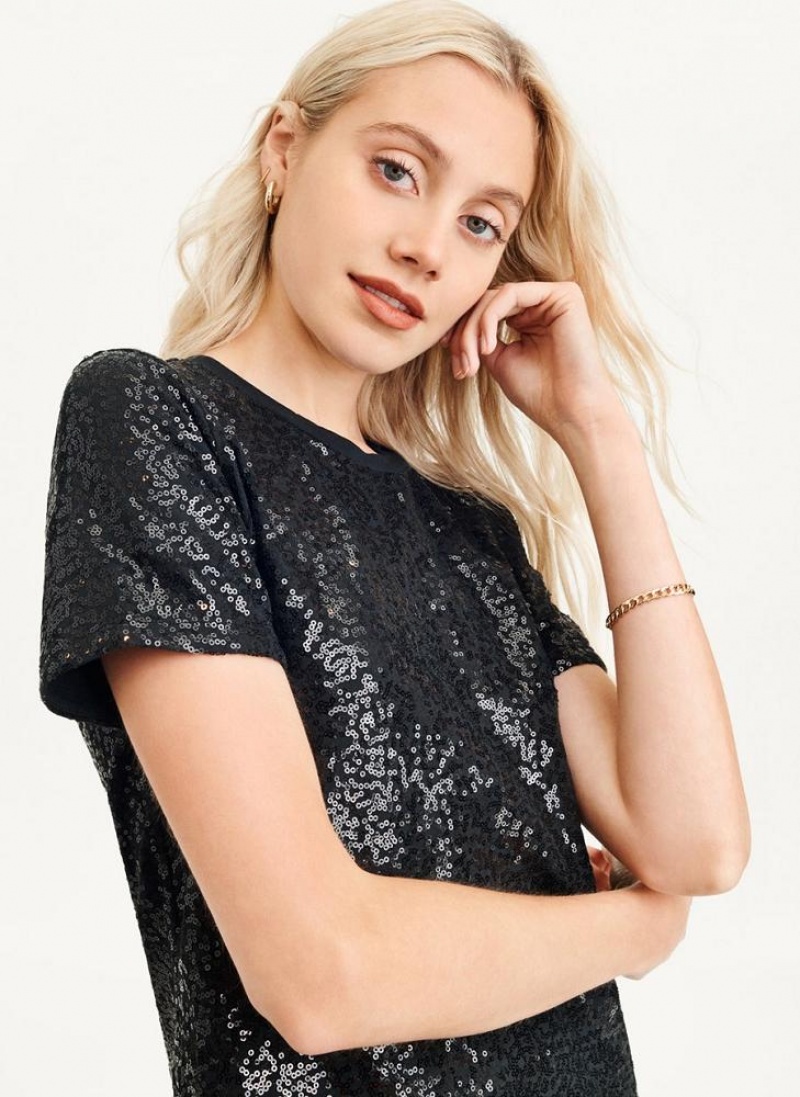 Black Women's DKNY Sequined T Shirts | Australia-D0559