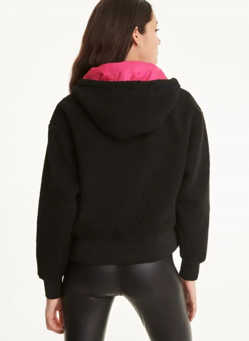 Black Women's DKNY Sherpa with Kangaroo Pocket Hoodies | Australia-D0332