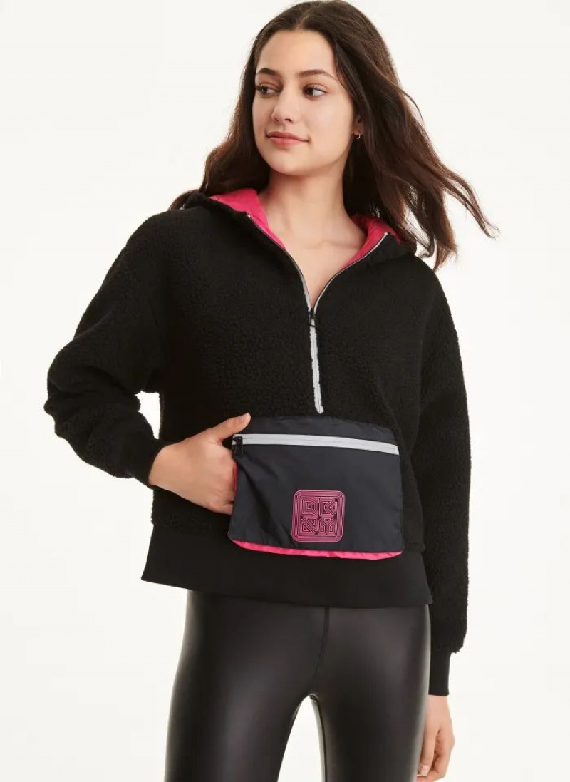 Black Women\'s DKNY Sherpa with Kangaroo Pocket Hoodies | Australia-D0332