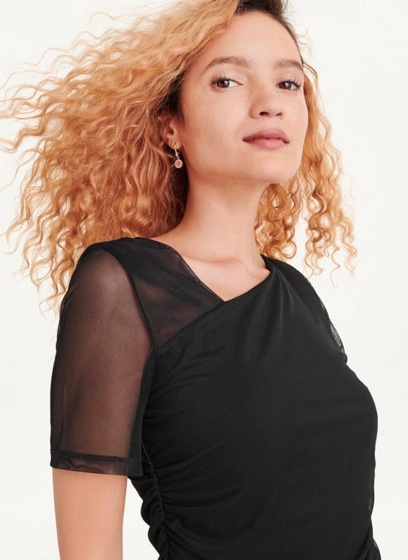 Black Women's DKNY Short Sleeve Mesh Dresses | Australia-D1250