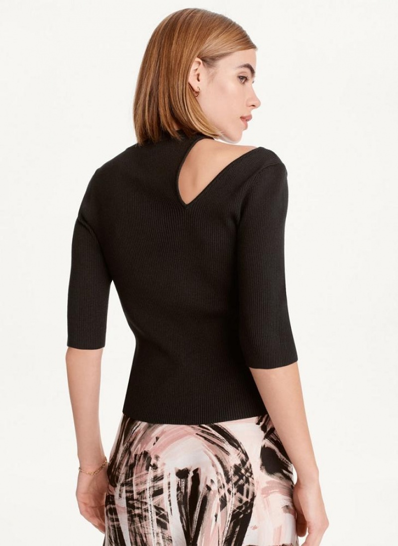 Black Women's DKNY Short Sleeve Shoulder Cut Out Sweaters | Australia-D0379