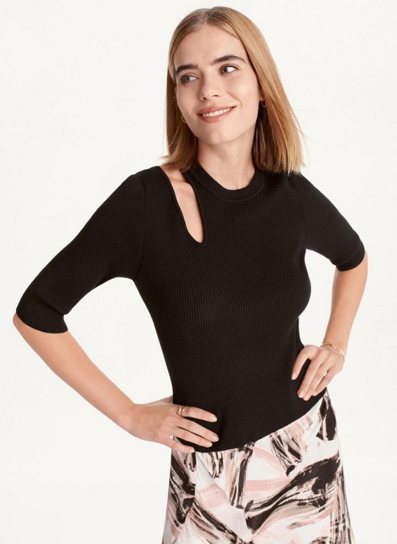 Black Women\'s DKNY Short Sleeve Shoulder Cut Out Sweaters | Australia-D0379