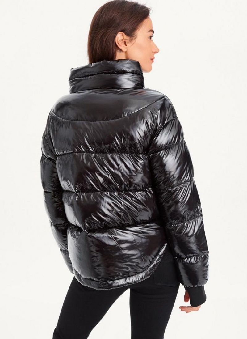 Black Women's DKNY Short Wet Puffer Coats | Australia-D1322