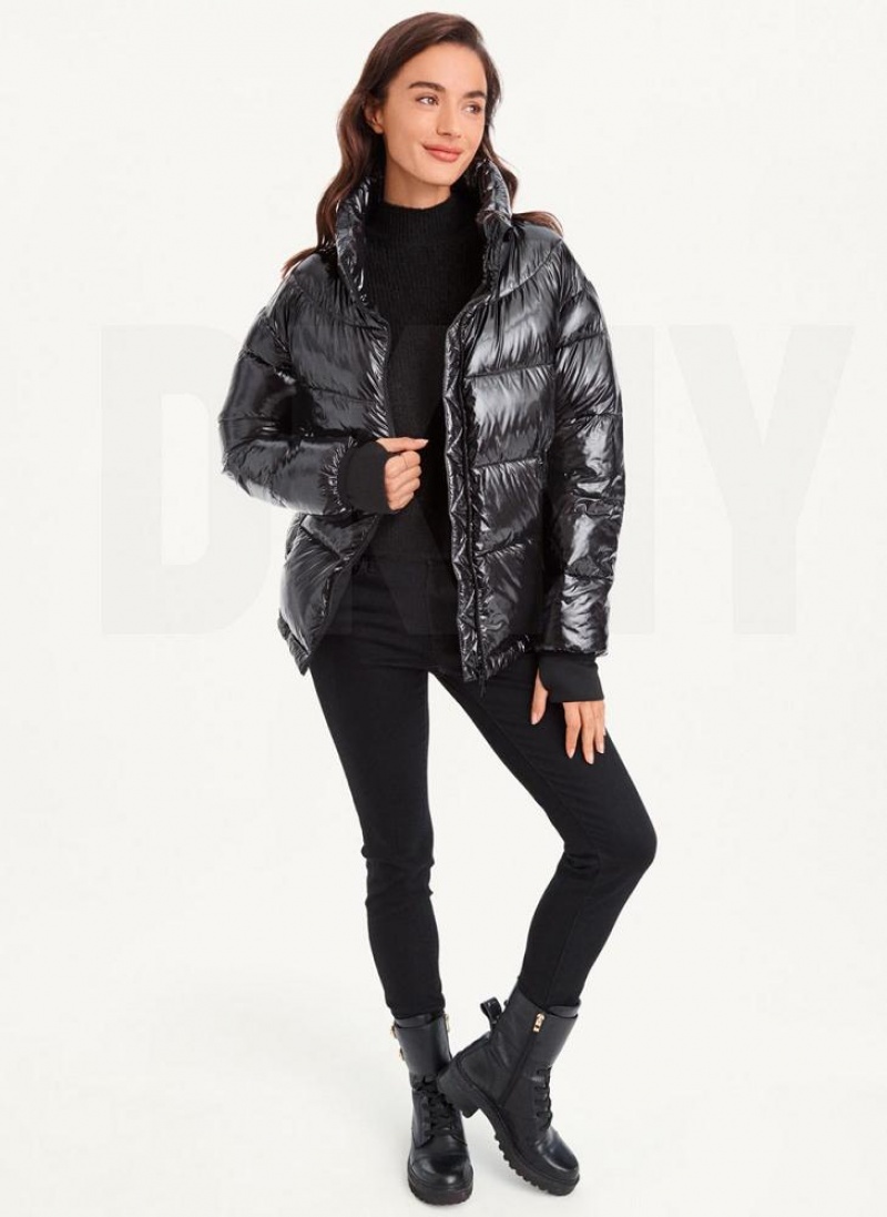 Black Women's DKNY Short Wet Puffer Coats | Australia-D1322