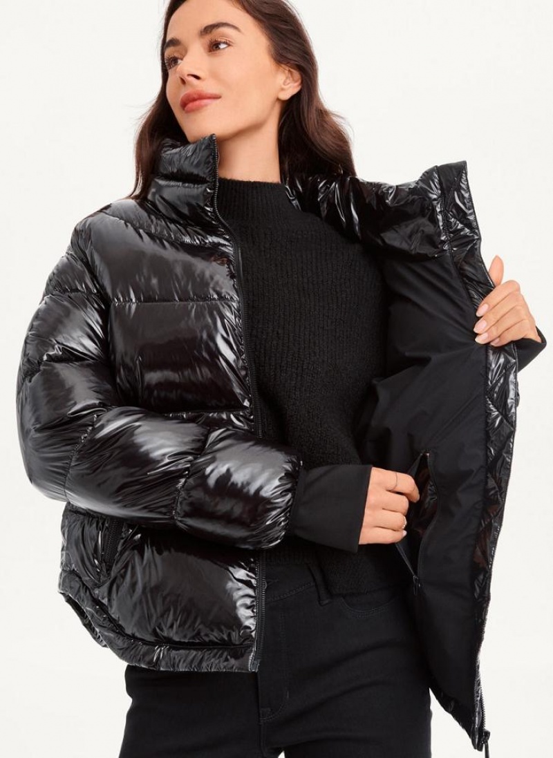Black Women's DKNY Short Wet Puffer Coats | Australia-D1322