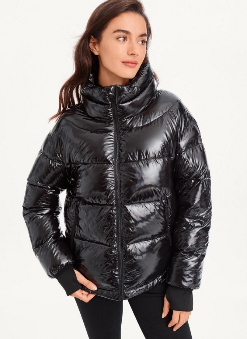Black Women\'s DKNY Short Wet Puffer Coats | Australia-D1322