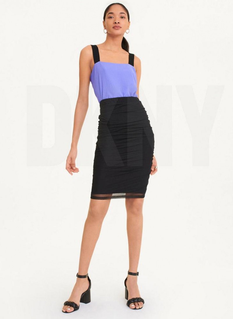 Black Women's DKNY Side Ruch Mesh Skirts | Australia-D1354