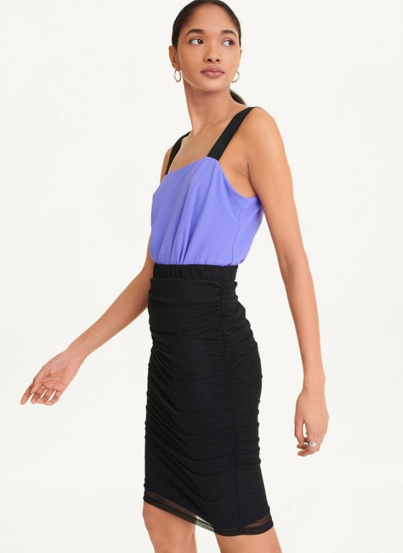 Black Women's DKNY Side Ruch Mesh Skirts | Australia-D1354