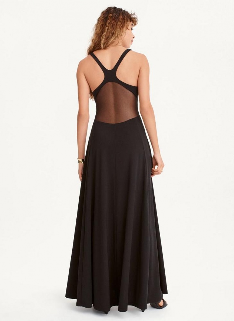 Black Women's DKNY Side Slit Mesh Detail Maxi Dresses | Australia-D1177