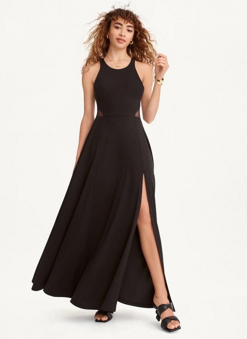Black Women's DKNY Side Slit Mesh Detail Maxi Dresses | Australia-D1177