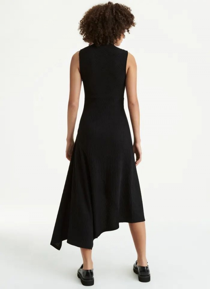 Black Women's DKNY Sleeveless Asymmetrical Rib Hacci Midi Dresses | Australia-D1006