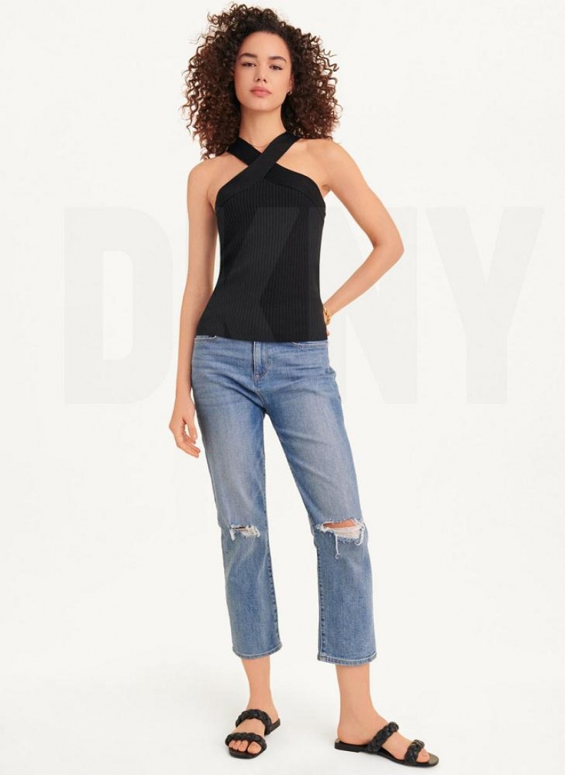 Black Women's DKNY Sleeveless Crossover Sweaters | Australia-D1385