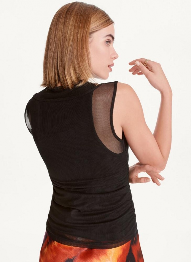 Black Women's DKNY Sleeveless Double Mesh Layer Tank Tops | Australia-D0320