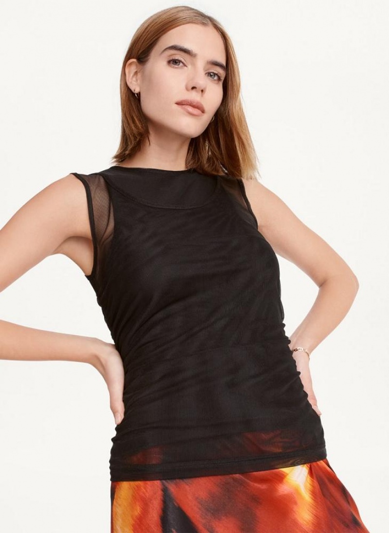 Black Women\'s DKNY Sleeveless Double Mesh Layer Tank Tops | Australia-D0320