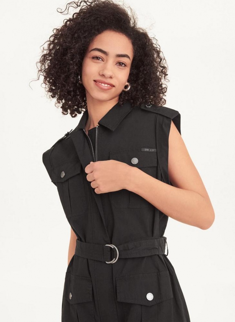Black Women's DKNY Sleeveless Poplin Dresses | Australia-D0533