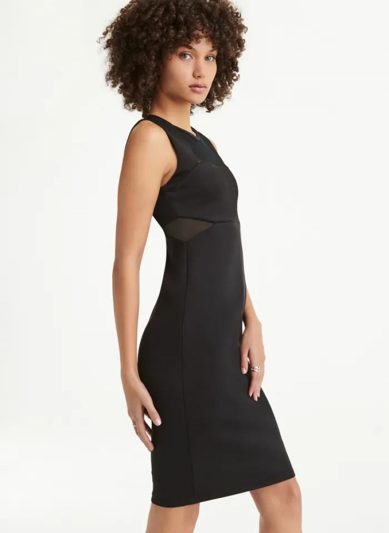 Black Women's DKNY Sleeveless Scuba With Mesh Midi Dresses | Australia-D1987
