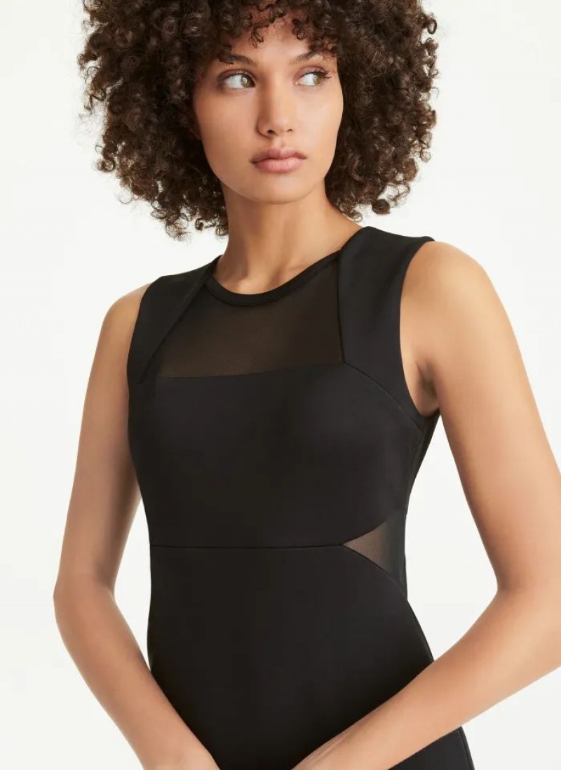 Black Women's DKNY Sleeveless Scuba With Mesh Midi Dresses | Australia-D1987