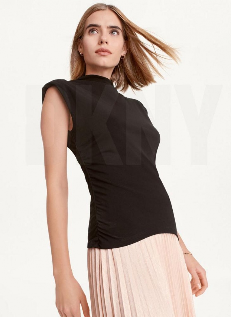 Black Women\'s DKNY Sleeveless Side Ruch Tank Tops | Australia-D1834