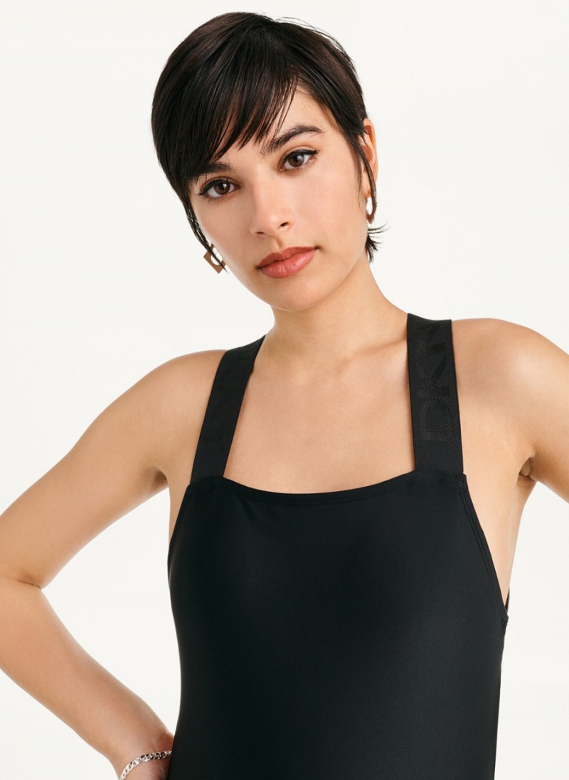 Black Women's DKNY Square Neck One-Piece Swimsuits | Australia-D1492