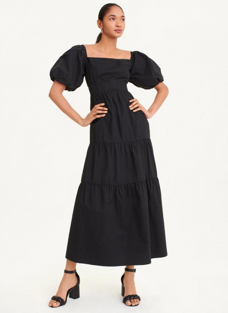 Black Women's DKNY Square Neck Tiered Poplin Dresses | Australia-D0986