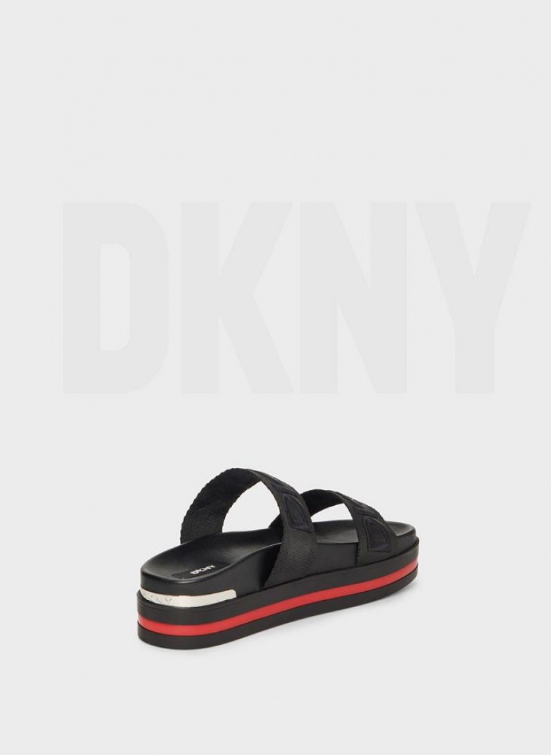 Black Women's DKNY Tee Double Band Slides | Australia-D1802