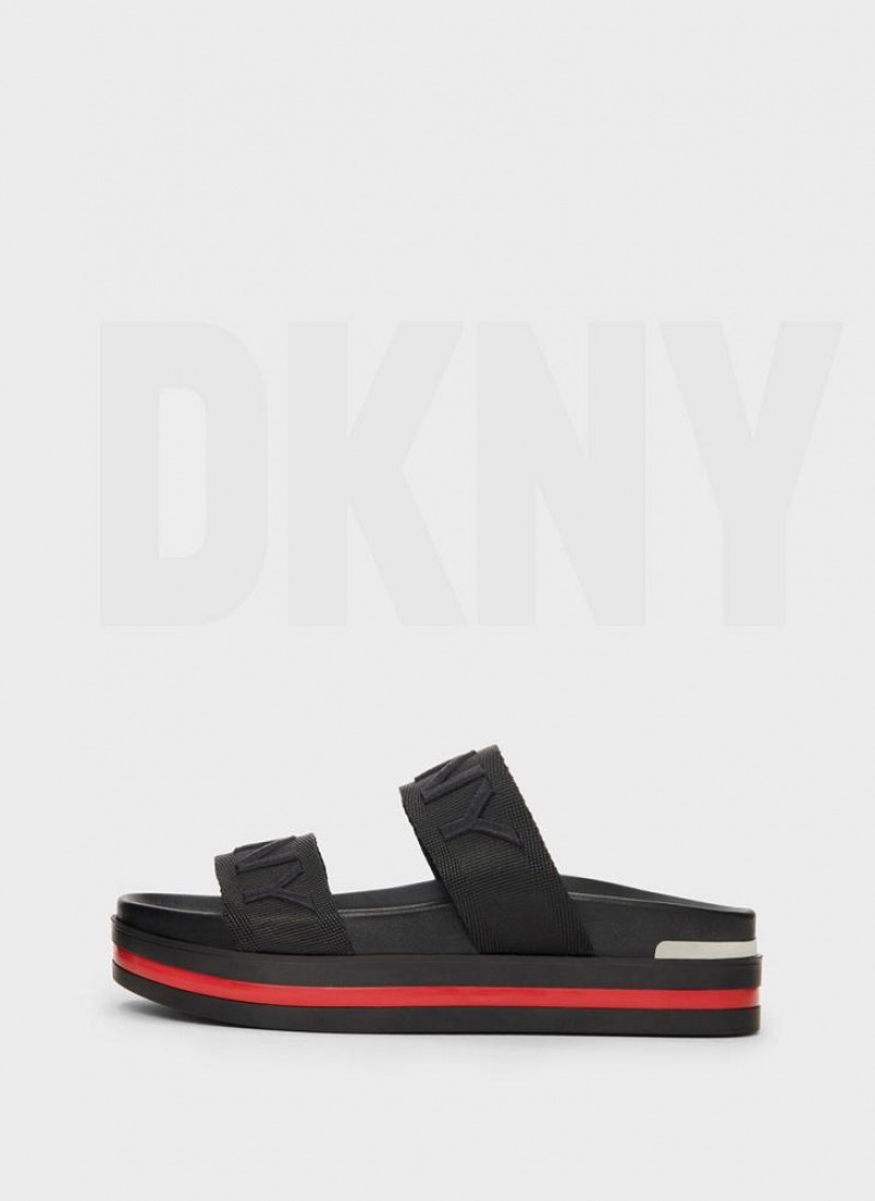 Black Women\'s DKNY Tee Double Band Slides | Australia-D1802