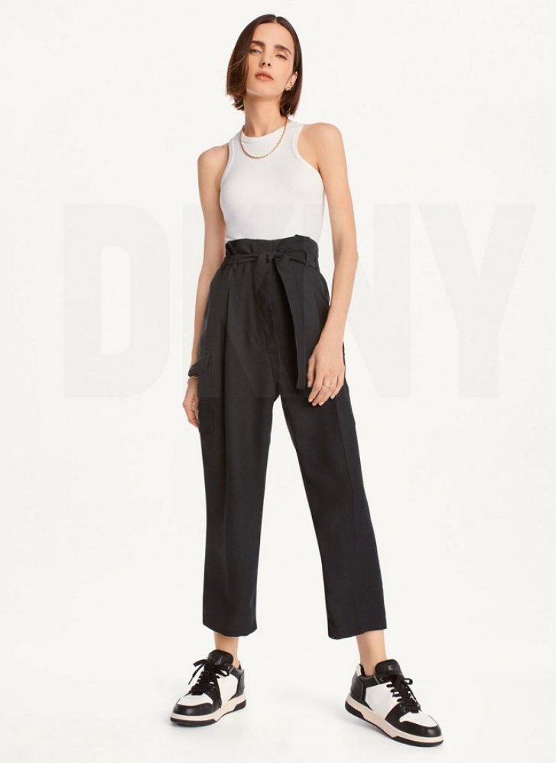 Black Women's DKNY Tie High Waist Tapered Pants | Australia-D1470