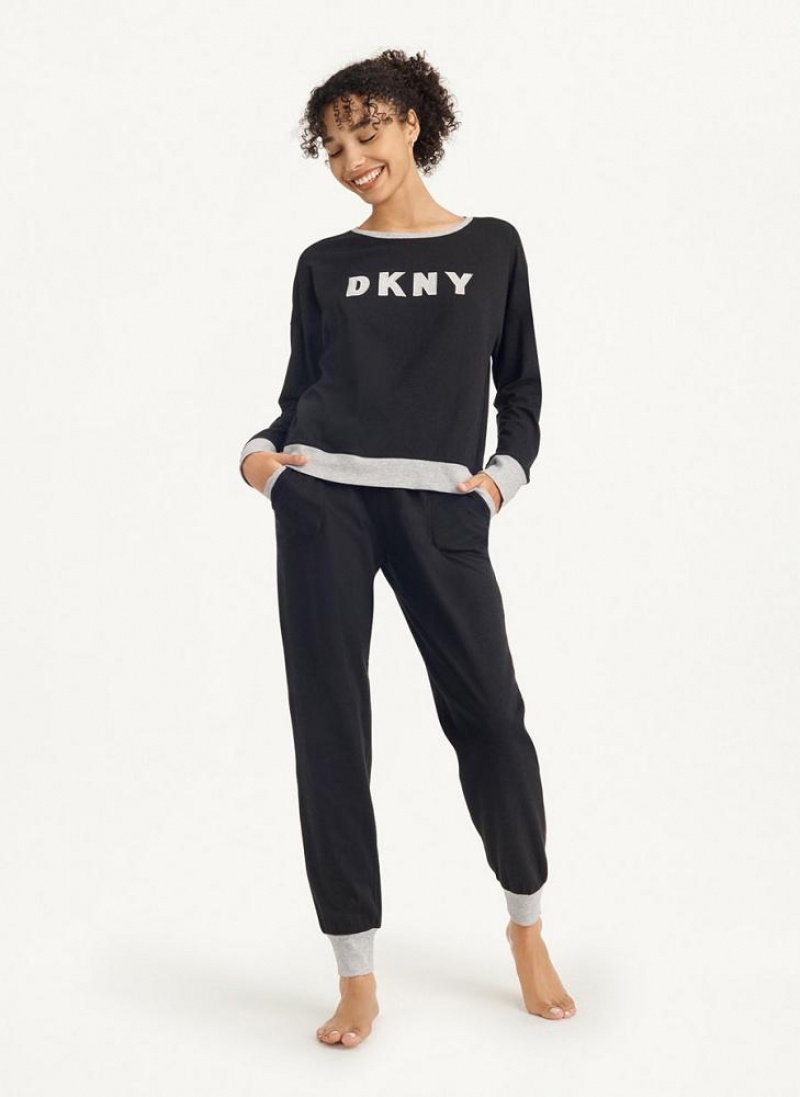 Black Women's DKNY Top And Jogger Sleep Set Pajamas | Australia-D0359