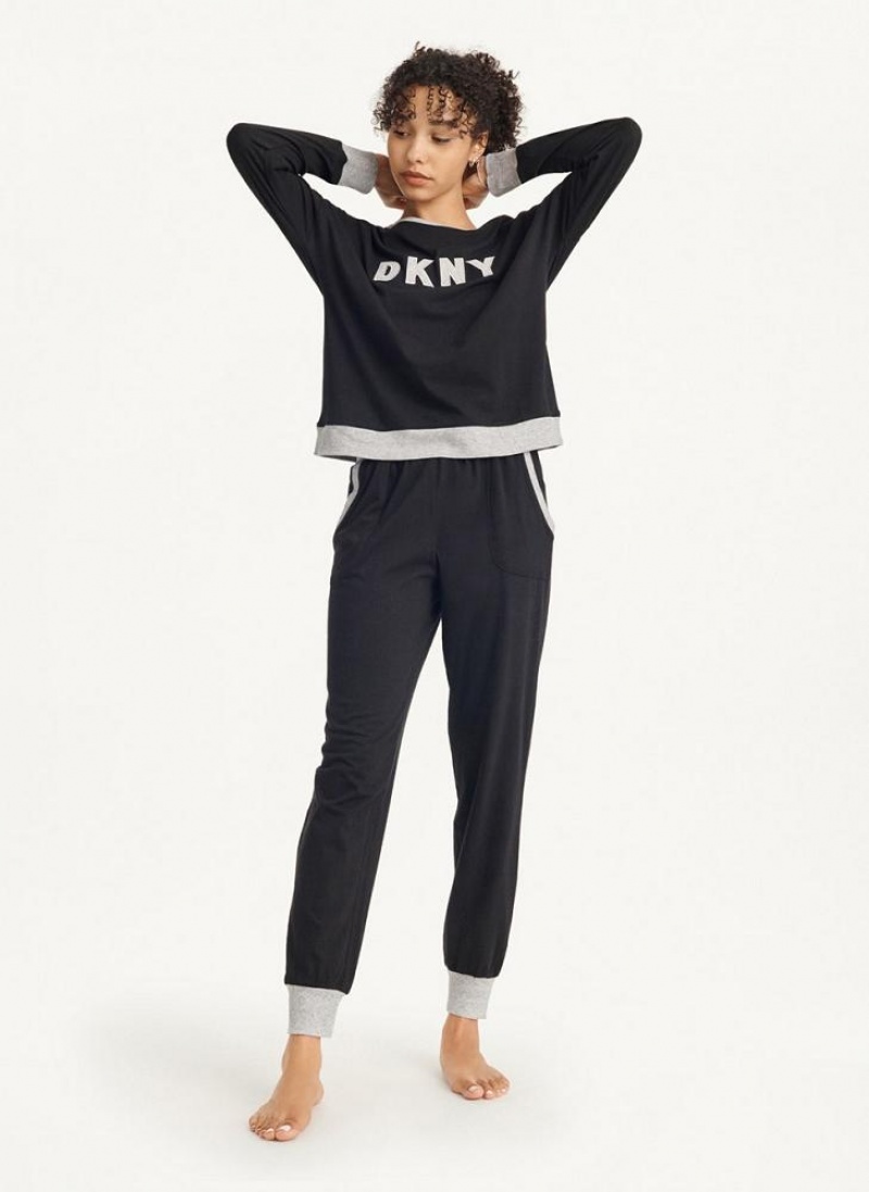 Black Women's DKNY Top And Jogger Sleep Set Pajamas | Australia-D0359
