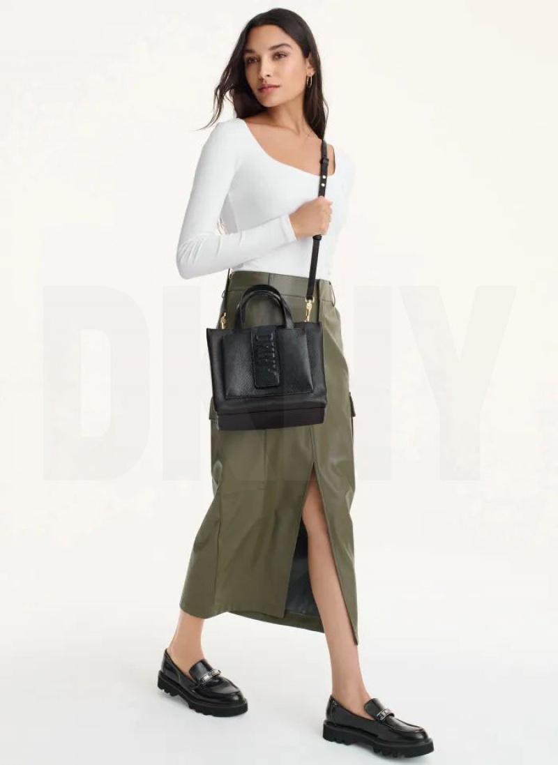 Black Women's DKNY Uptown Exotic Leather Small Tote Bags | Australia-D1286
