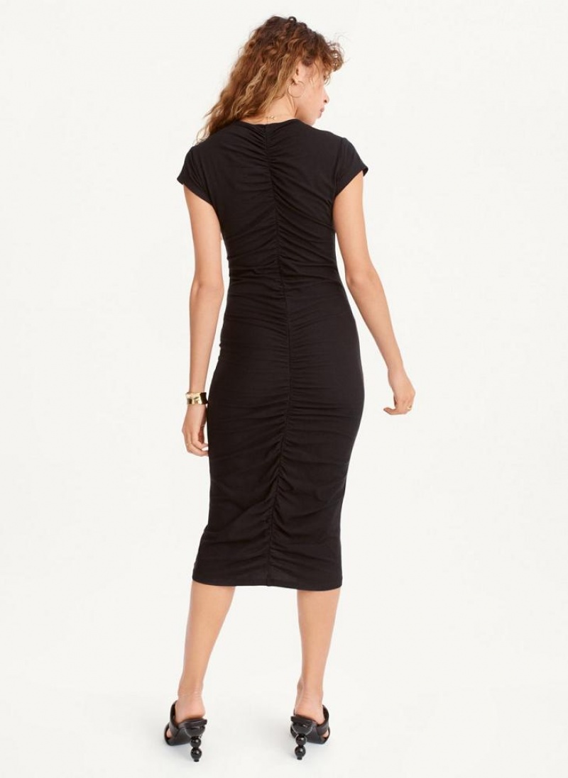 Black Women's DKNY V-Neck Ruched Midi Dresses | Australia-D1216