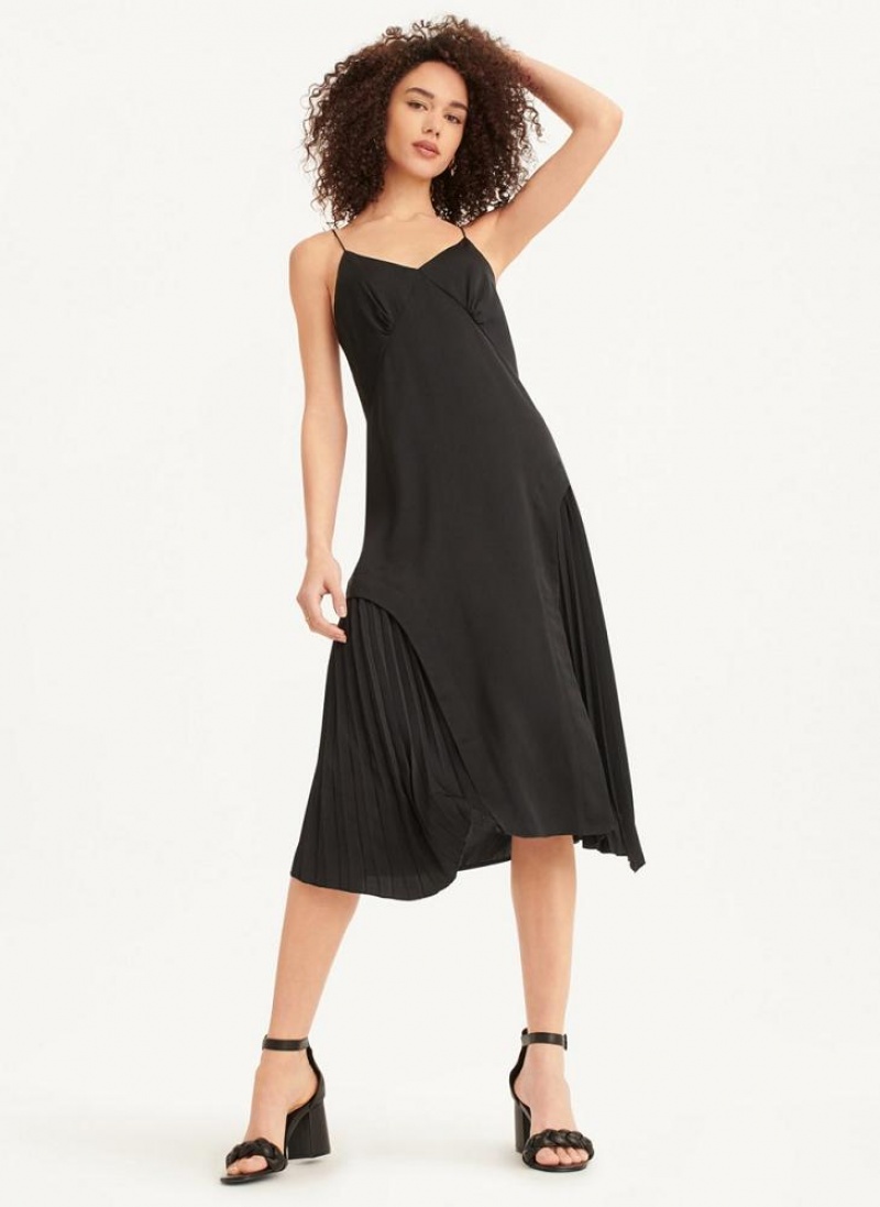Black Women's DKNY V-neck Asymmetrical Pleated Dresses | Australia-D1702