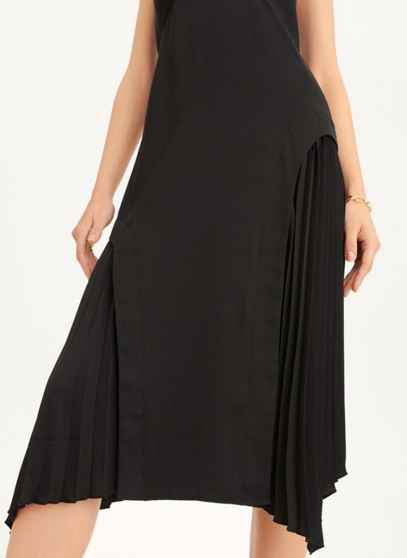 Black Women's DKNY V-neck Asymmetrical Pleated Dresses | Australia-D1702