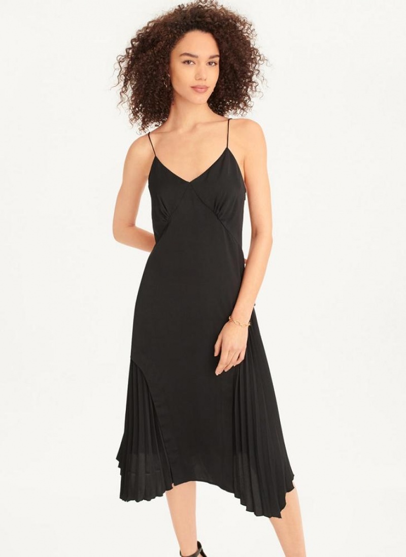Black Women\'s DKNY V-neck Asymmetrical Pleated Dresses | Australia-D1702