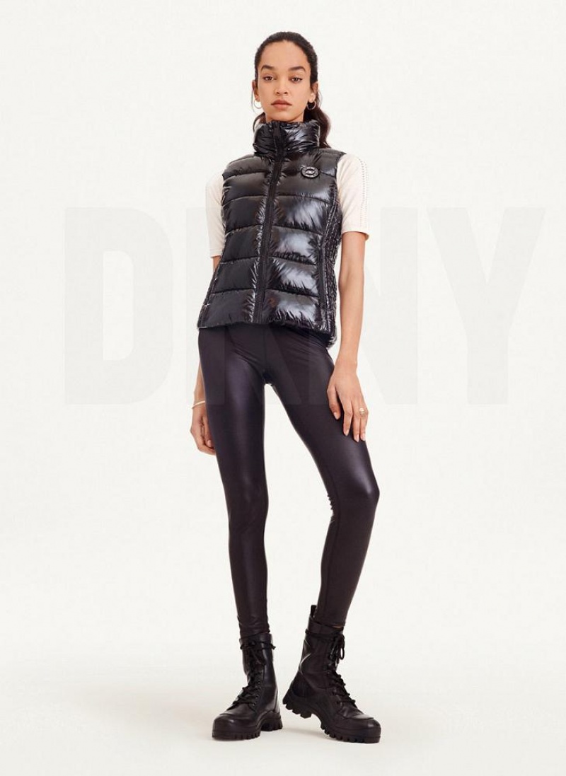 Black Women's DKNY Wet Token Logo Puffer Vest Coats | Australia-D0286