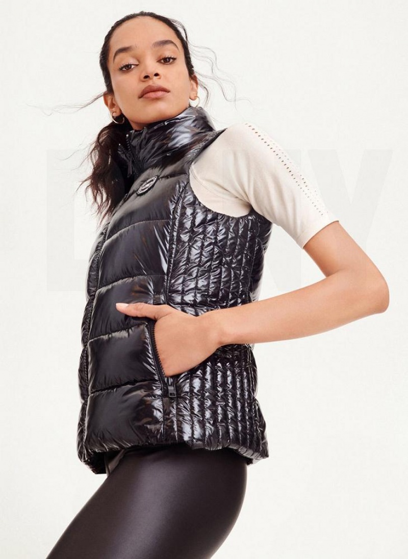 Black Women's DKNY Wet Token Logo Puffer Vest Coats | Australia-D0286