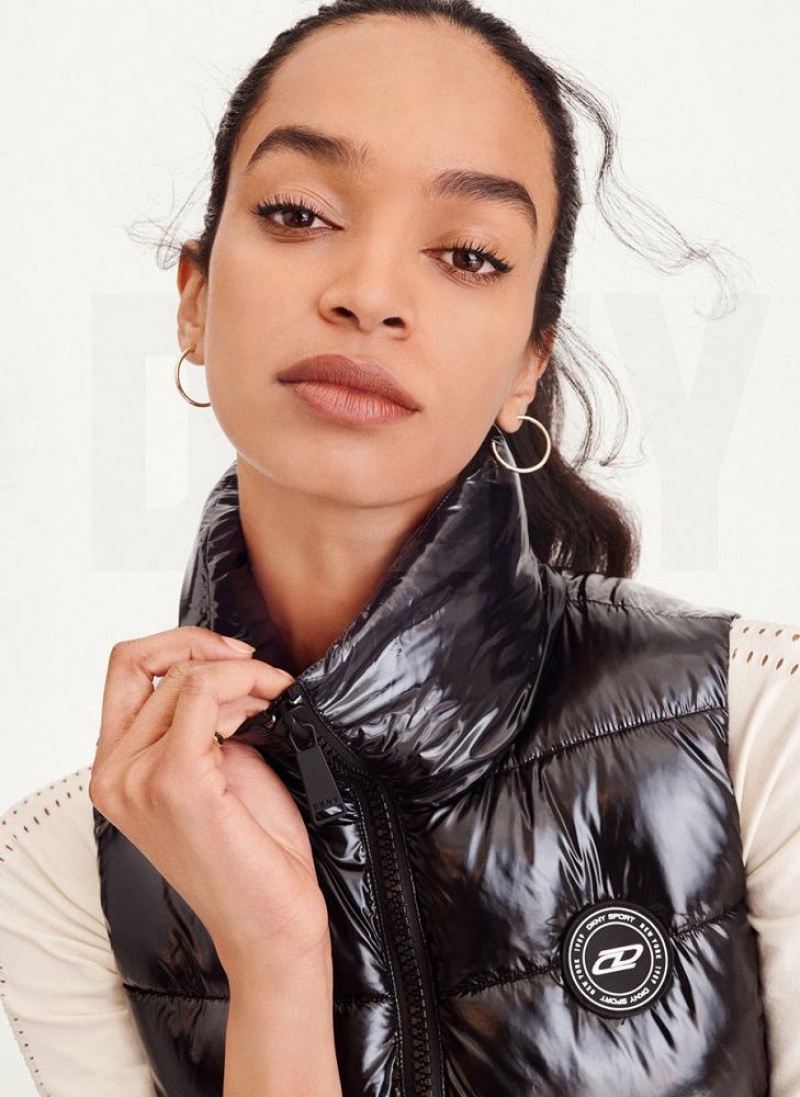 Black Women's DKNY Wet Token Logo Puffer Vest Coats | Australia-D0286