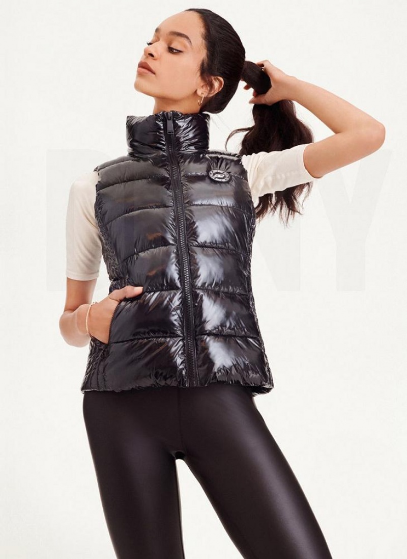 Black Women\'s DKNY Wet Token Logo Puffer Vest Coats | Australia-D0286