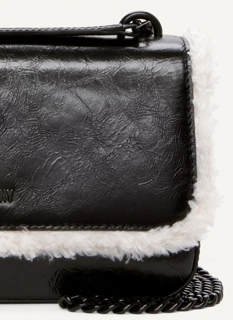 Black / Beige Women's DKNY Sina Sherpa Trim Flap Shoulder Bags | Australia-D1304