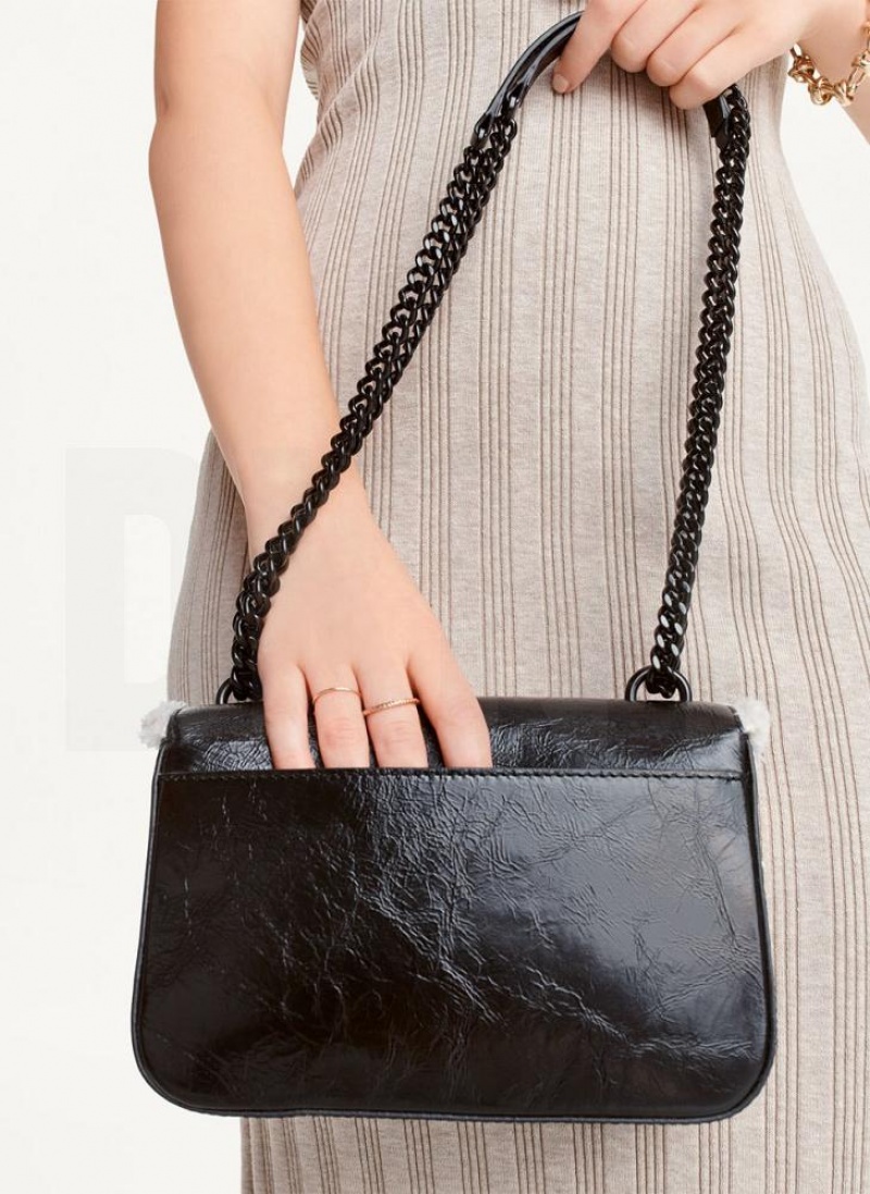 Black / Beige Women's DKNY Sina Sherpa Trim Flap Shoulder Bags | Australia-D1304