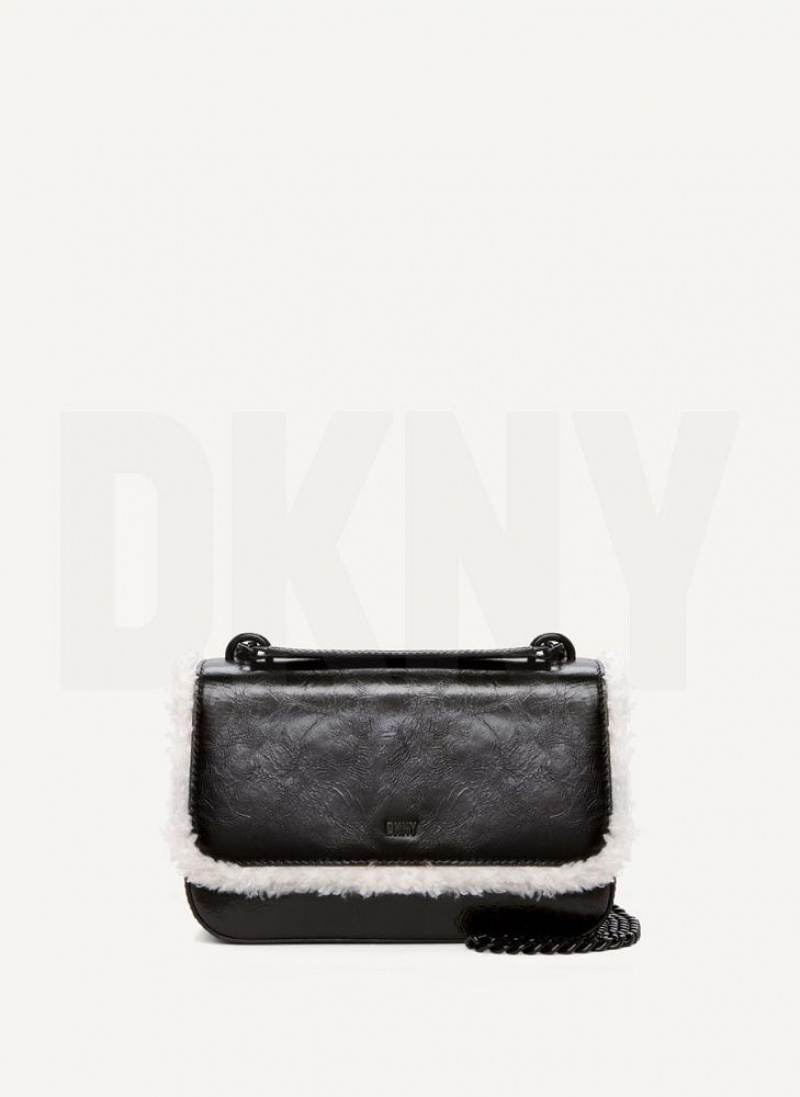 Black / Beige Women\'s DKNY Sina Sherpa Trim Flap Shoulder Bags | Australia-D1304
