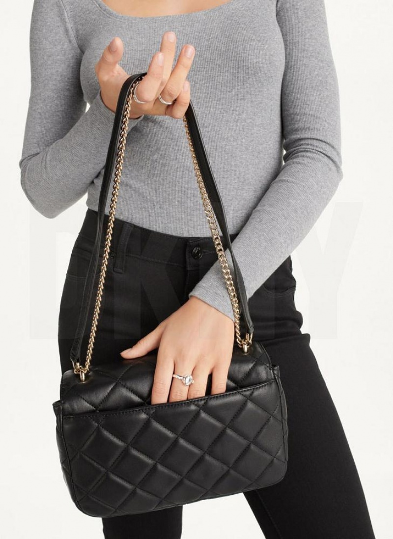 Black / Gold Women's DKNY Lara Large Quilted Shoulder Bags | Australia-D1480